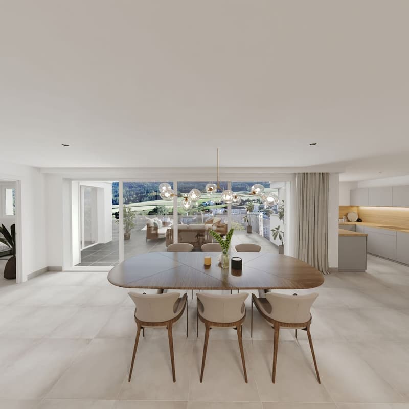 Dining room with a large table, six chairs, a chandelier, large windows with a view of the city, and a balcony