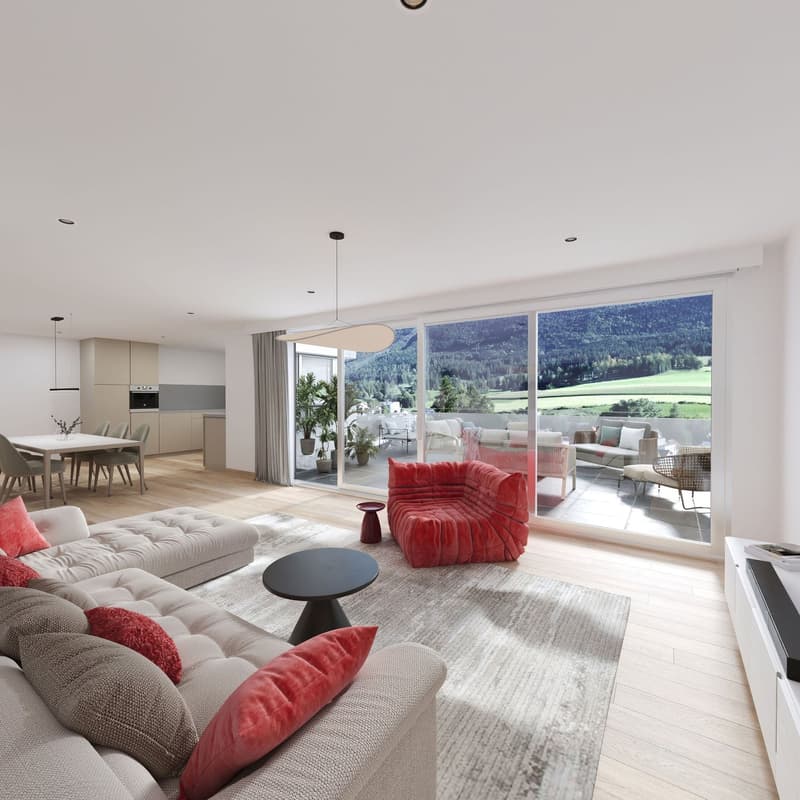 modern interior design, hardwood floor, large windows, panoramic view, large sofa, side table, armchair