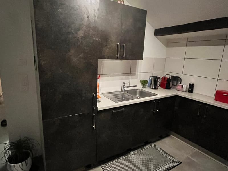 modern kitchen with black cabinets, silver sink, tiled walls, tiled floor