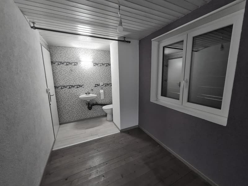 Tiled walls and floor, sink with faucet, toilet, shower, single glass window, light fixture