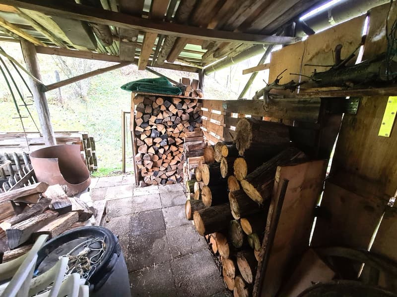 Outdoor area with wooden shed and pile of firewoods
