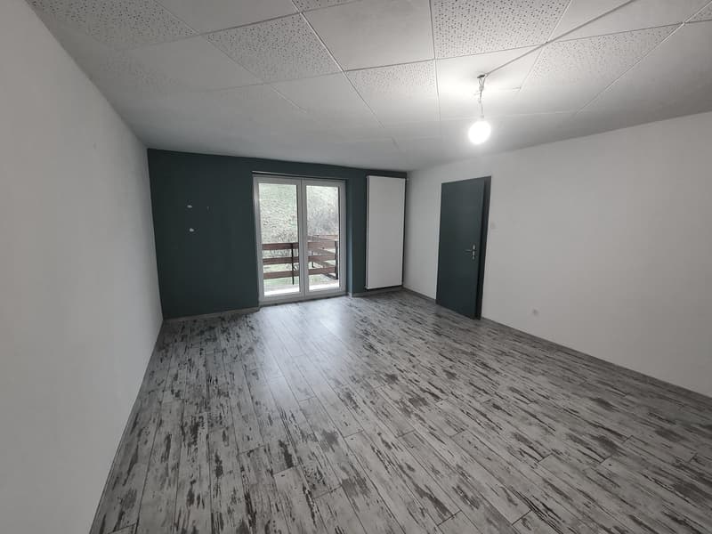 Empty room with wooden floors, sliding glass door, gray walls, balcony outside, white ceiling