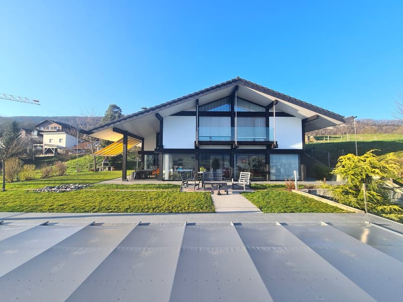 Modern single-family home, black and white, large windows, large terrace, green lawn, gray roof