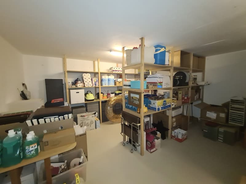 Room full of storage boxes, shelves with various items, cleaning products, and a white shelf.