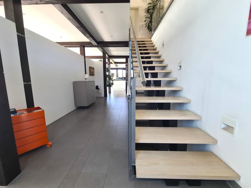 Concrete floors, wooden staircase, grey and orange furniture, potted plants, white walls