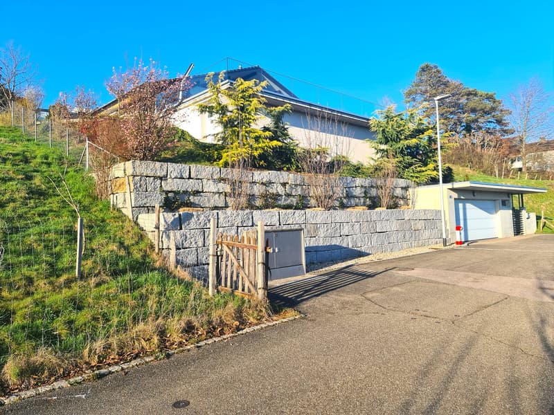 A modern, large house, positioned on a hill with a steep slope, has a garage visible in front, connected by a stone wall.
