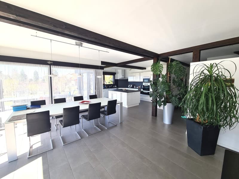 dining room, long white table, black chairs, modern kitchen, large windows, plants