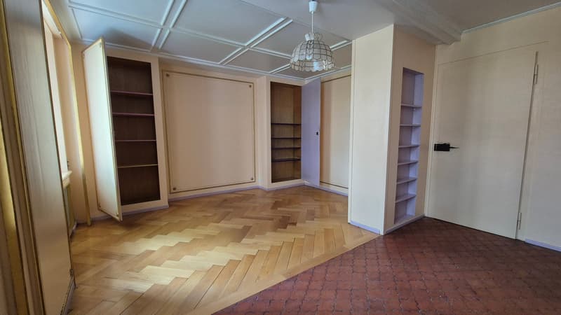 large room, wooden parquet floor, large ceiling, large shelves, chandelier, radiator, white and brown wooden doors