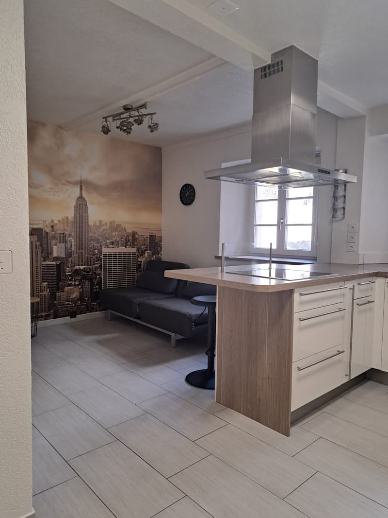 modern open kitchen with counter, black table, large gray sofa, kitchen hood, large wall mural with New York skyline, tiled floor