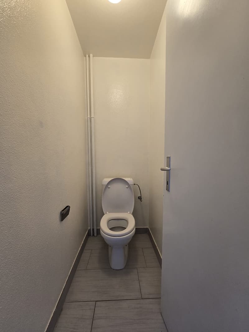 empty small bathroom with white tiles, a toilet and light wooden flooring