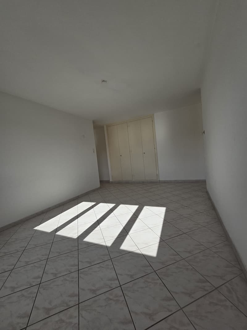 A room with white tiles, two white doors, and sunlight coming through the windows