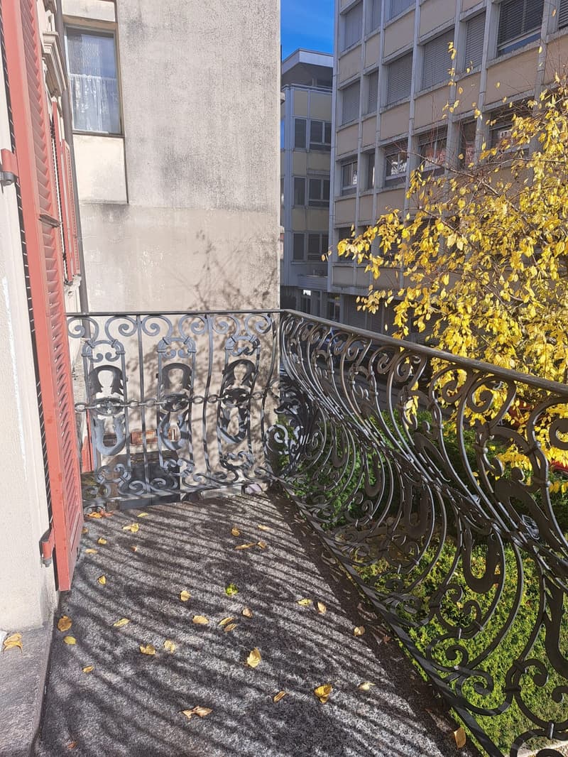 Black wrought iron balcony railing, decorative iron details, concrete floor, fallen leaves, adjacent building