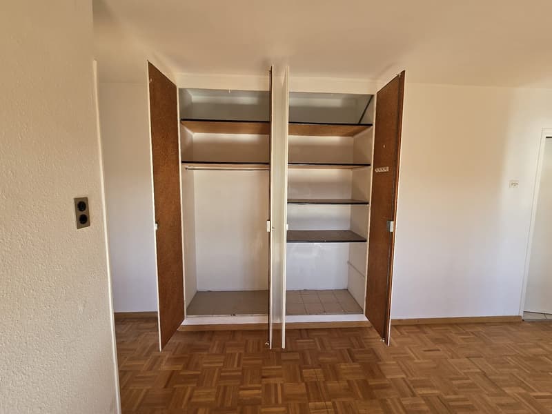 Empty room with a white wall, wooden floor, two open closets, and empty shelves