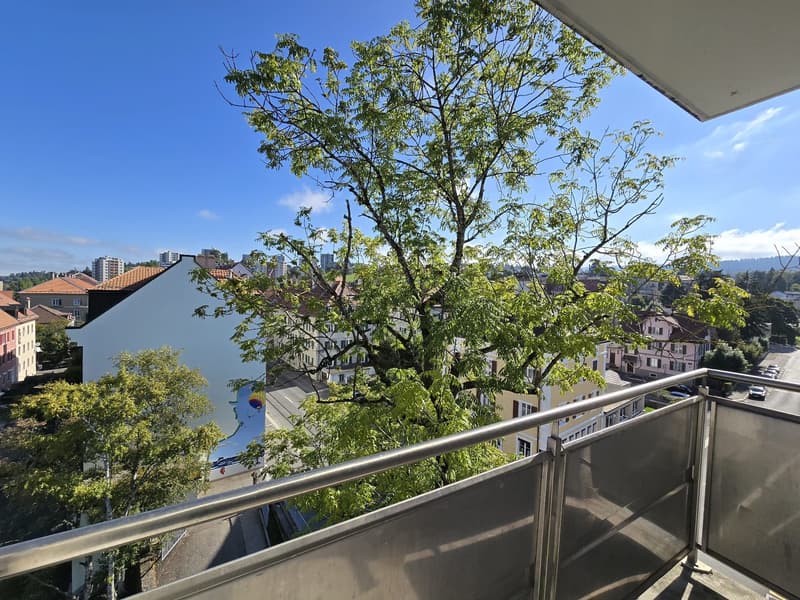 Tree in center, view of the city with buildings and mountains, balcony railing