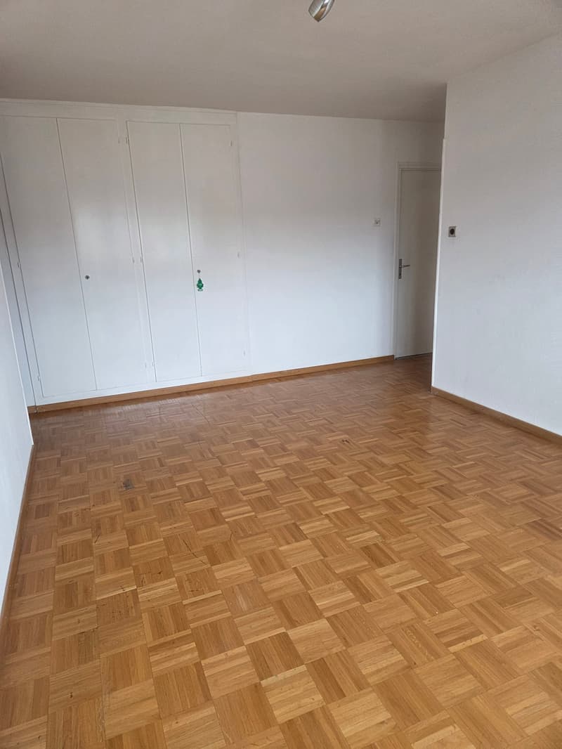 large empty room, white walls, wooden floors, built-in wardrobes, door, no furniture