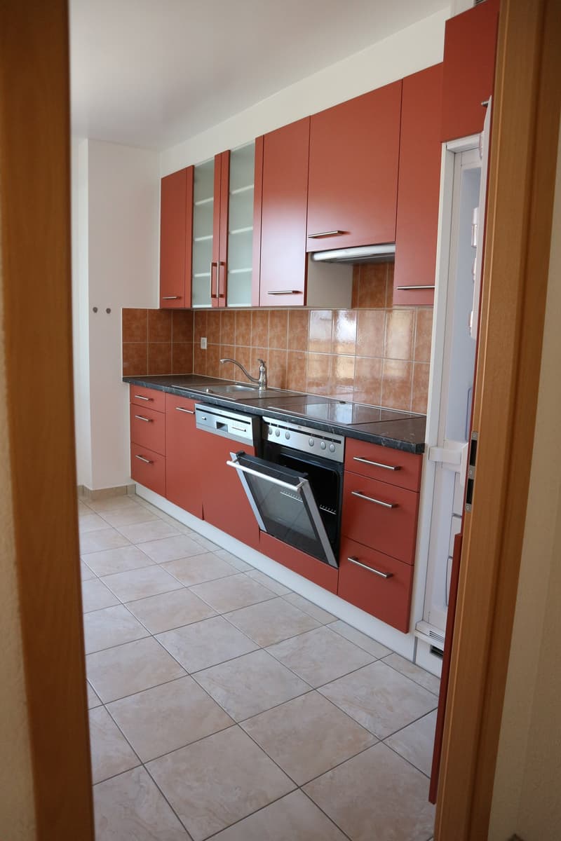 red cabinets, white tiled floor, gas stove, dishwasher, oven, open fridge, stainless steel sink, faucet, tiled backsplash