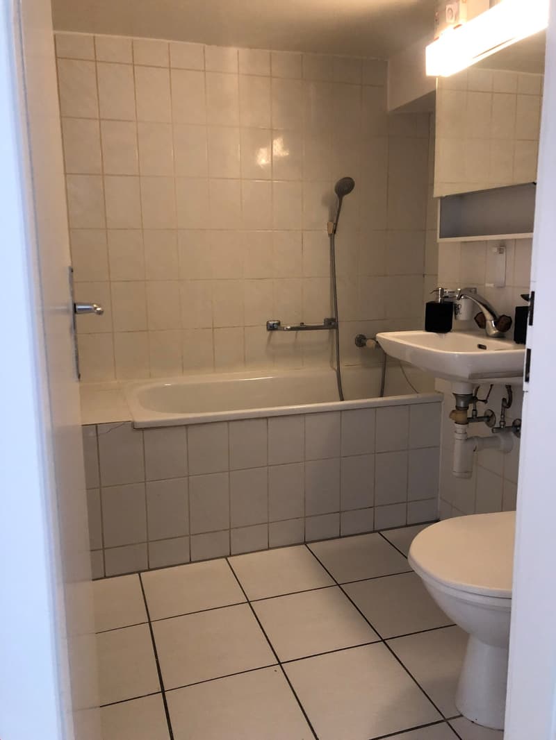 Bathroom with bathtub, toilet, sink, shower, white tiles, fluorescent light