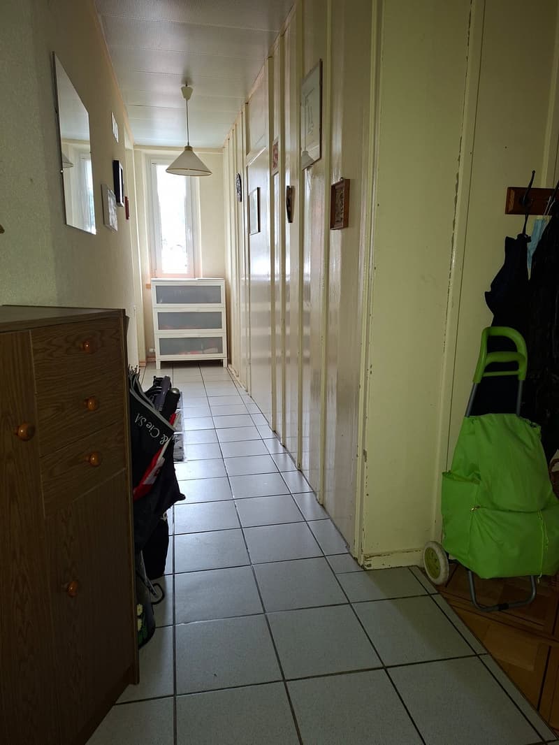 Tiled corridor, wooden cabinet, a green pushcart with bags, white wardrobe, hanging clothes, frames on the wall, window.