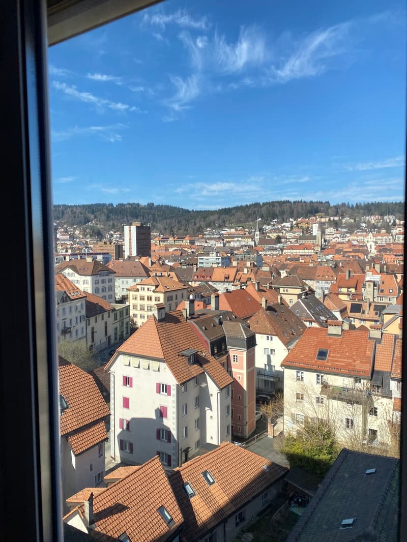 Cityscape with multiple buildings, red roofs, clear blue sky, mountains in the distance