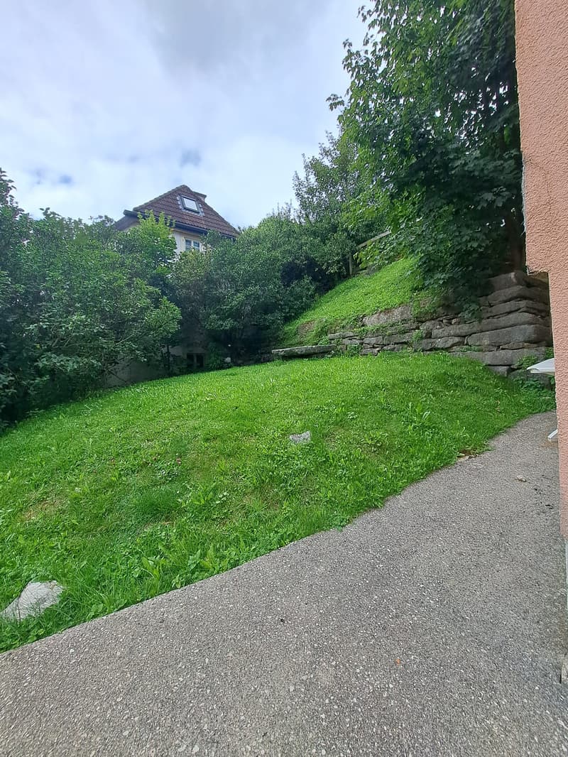 Green lawn, stone wall, trees, pathway, house in the background