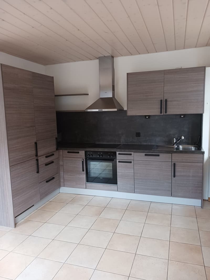 modern kitchen with wooden cabinets, tiled floor, black countertops, stainless steel appliances, extractor hood, sink, and dishwasher
