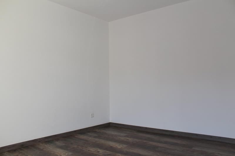 empty room, white walls, wooden floor, power outlet