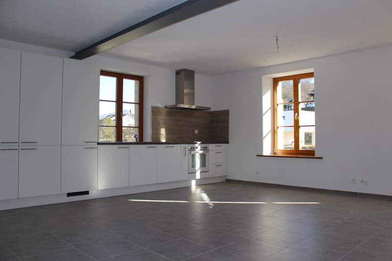modern kitchen with white cabinets, tiled floor, two windows, stainless steel range hood, built-in oven