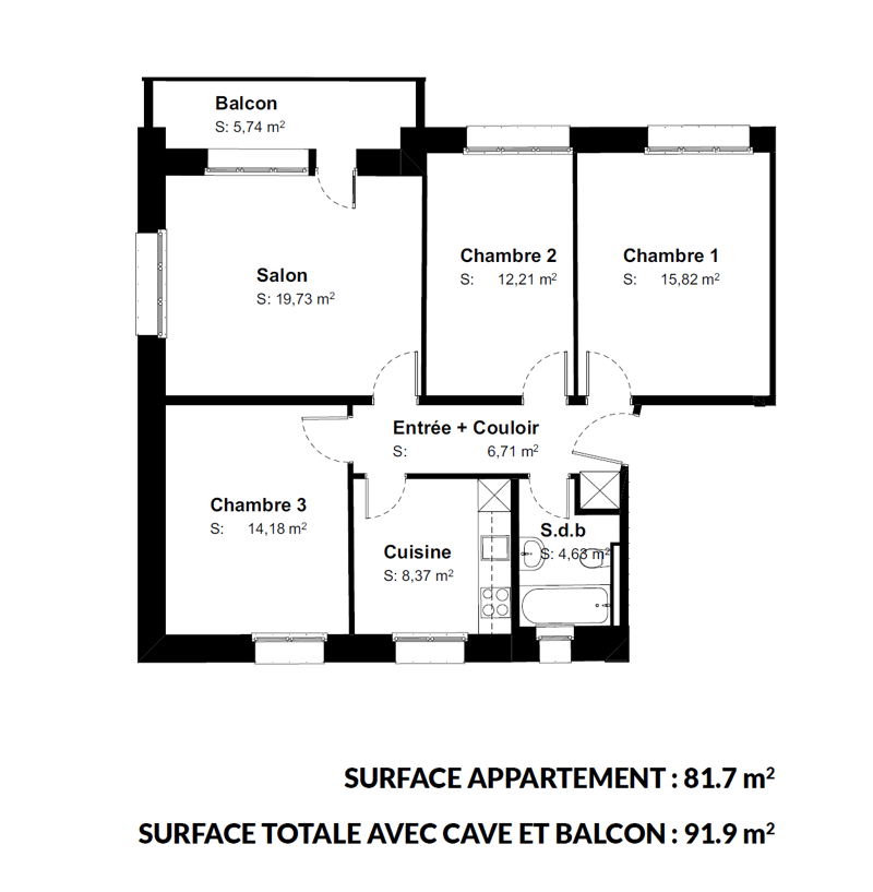 Living room, 3 bedrooms, kitchen, bathroom, entrance, balcony