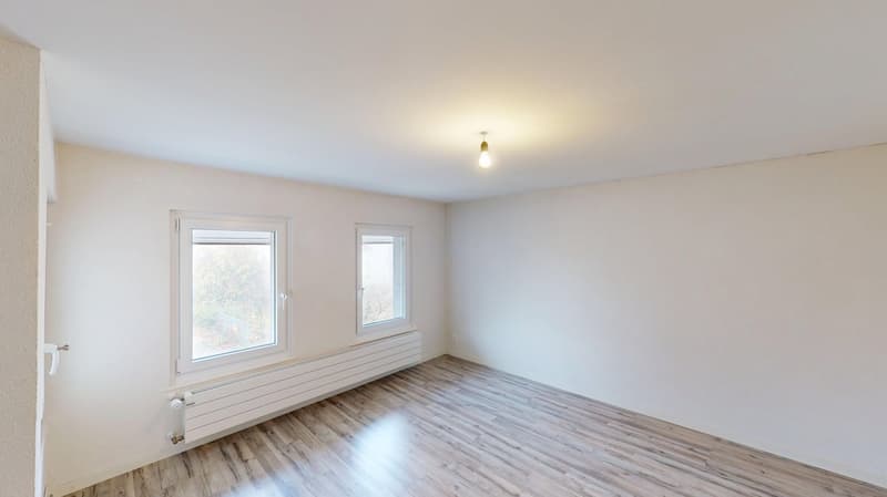 Wooden floor, white walls, two windows, white radiators, ceiling lamp
