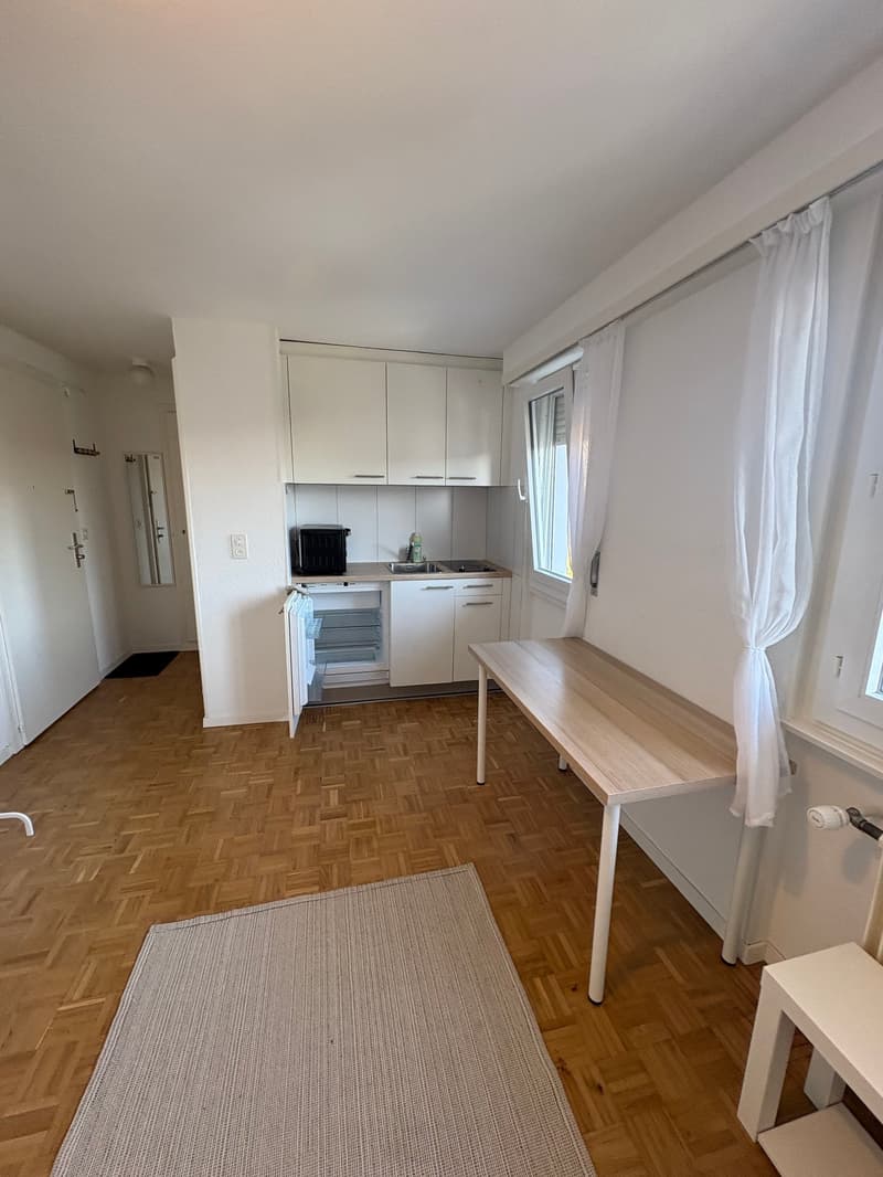 kitchenette with a small refrigerator, sink, and a small table