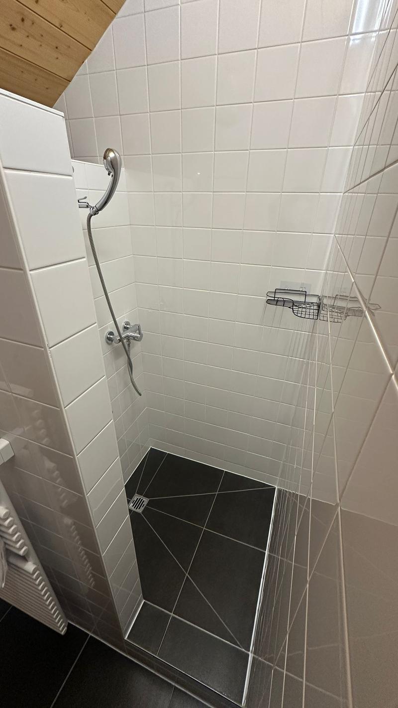 White tiled walls and floor, glass shower door, black floor in shower area, metal rack, silver shower head