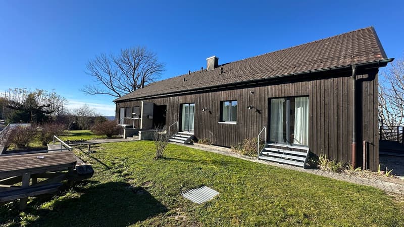 Modern house, brown walls, tiled roof, wooden fence, outdoor seating, garden, 3 windows