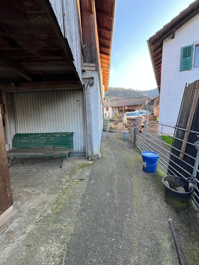 An outdoor area with a green bench, wooden and metal walls, a concrete pathway, a trash can, and barrels.