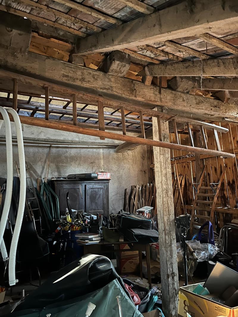 large wooden structure, high ceiling, multiple shelves, ladders, tools, stacked wood