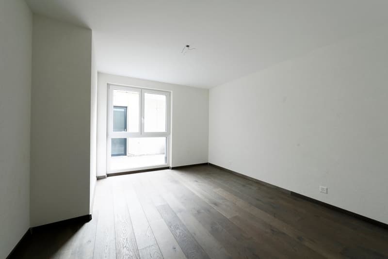 Empty room with white walls, wooden floor, large window, and power outlet