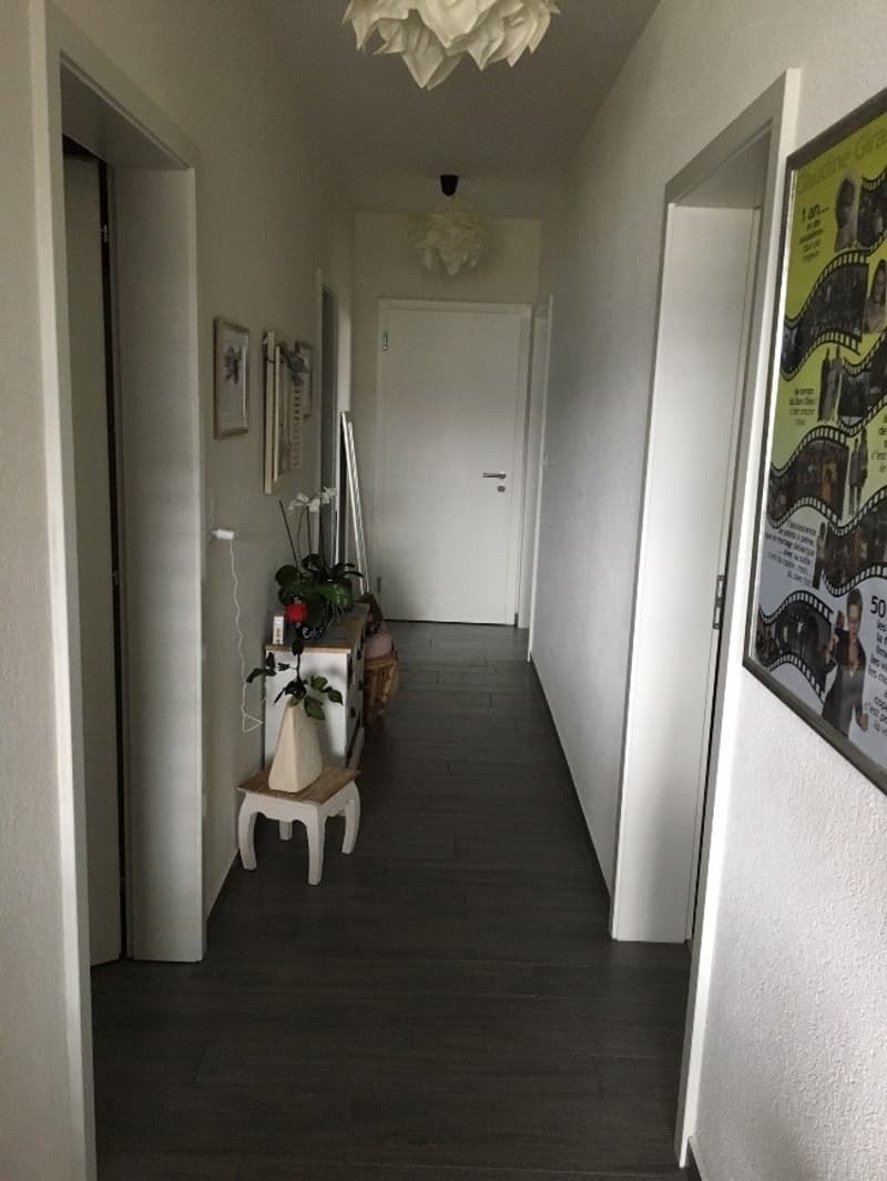 Long hallway with white walls, dark flooring, white doors, framed pictures, potted plants, and a poster on the wall.