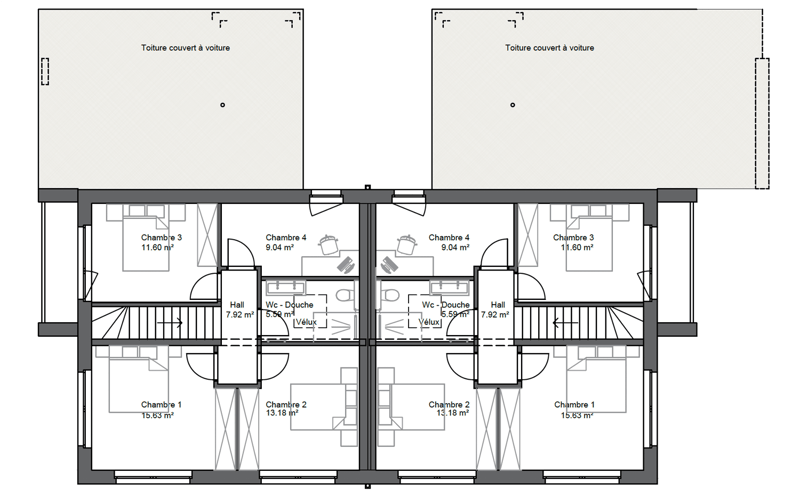 4 bedrooms, 2 bathrooms, 2 halls, 2 WCs, 2 showers, 2 covered terraces