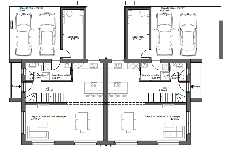 2 units, each with 1 bedroom, living room, kitchen, bathroom, hallway, covered parking