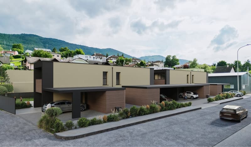 Modern apartment building with 2 garages, beige and black exterior, 3 floors, surrounded by greenery