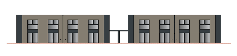 2 buildings, each with 4 apartments, each with 2 windows, 1 door, connected by a walkway
