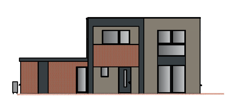 2 story house, brick wall, glass windows, 2 doors