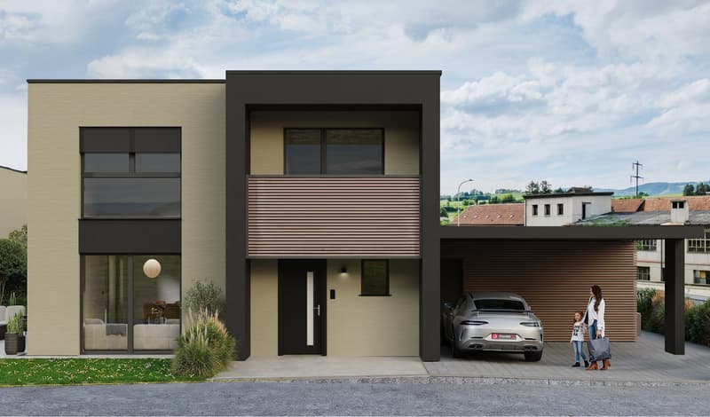 Modern house, beige and black exterior, large windows, car parked in garage, balcony, two people standing in front