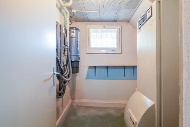 Small room with a washing machine, storage shelves, and a window