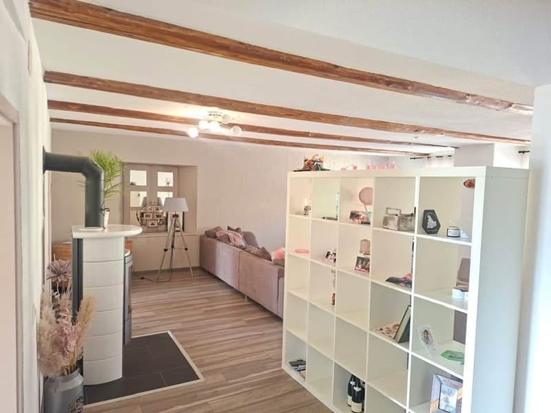living room with wooden beams, fireplace, couch, wooden floor, white shelves, plants, lamp