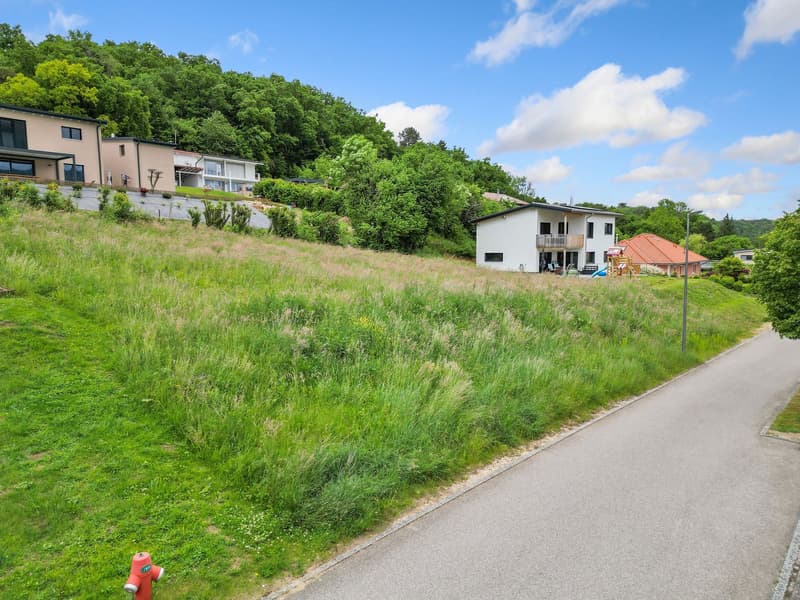The image shows a residential area with multi-story apartment buildings nestled in a lush, green landscape. The buildings have balconies and are surrounded by a grassy field and a paved walkway. The area appears to be situated on a hillside, with trees an