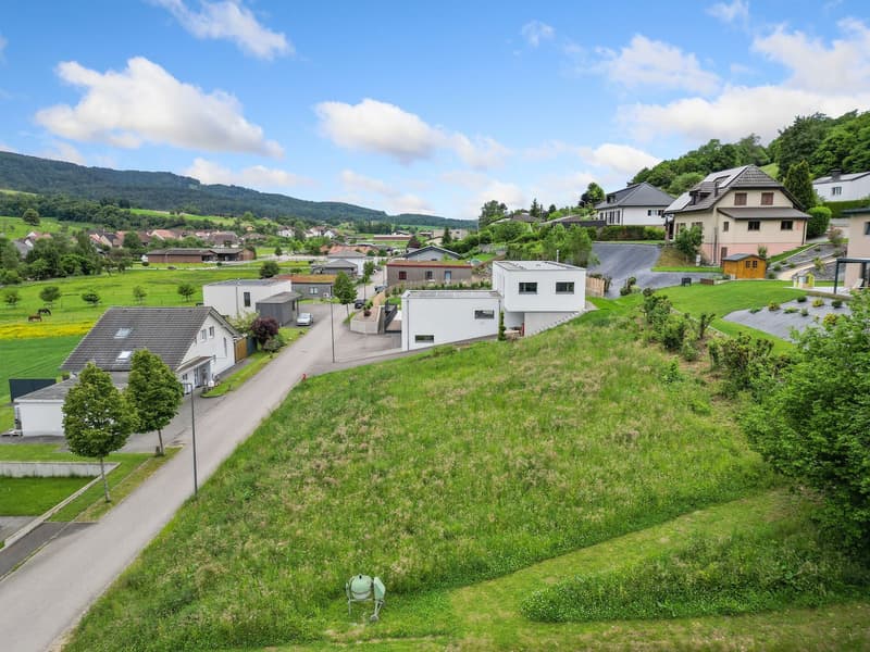 The image shows a picturesque residential neighborhood nestled in a lush, green valley. The houses are a mix of modern and traditional styles, with some featuring balconies or terraces. The landscape is dominated by rolling hills, trees, and well-maintain