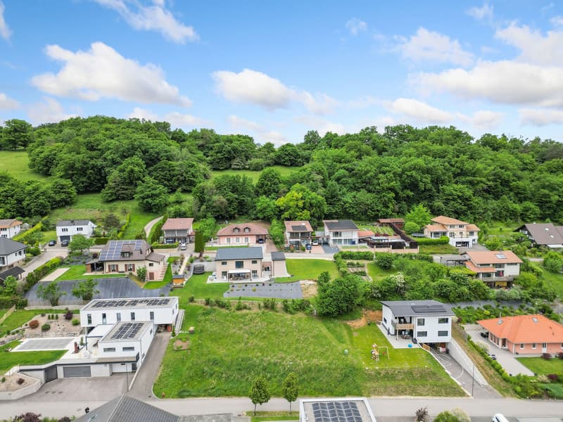 The image shows a residential neighborhood with a mix of single-family homes and multi-unit buildings. The homes have a variety of architectural styles and are surrounded by lush, green vegetation. Several homes have solar panels installed on their roofs,