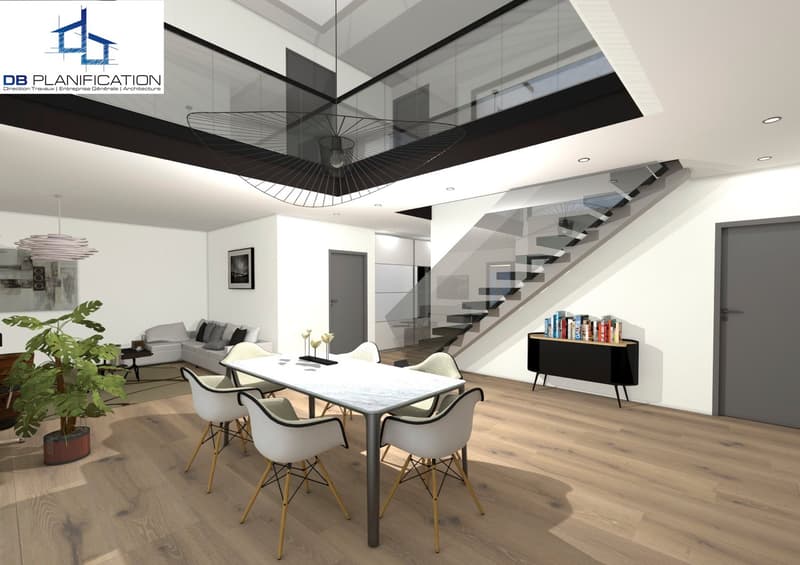 Dining room, stairs, living room with couch and coffee table, table with chairs, bookshelf, plant, large windows