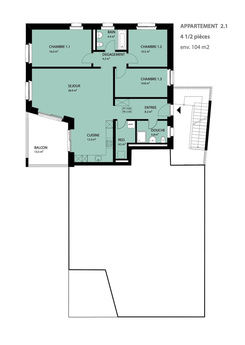 3 bedrooms, living room, kitchen, bathroom, entrance, dressing room, balcony