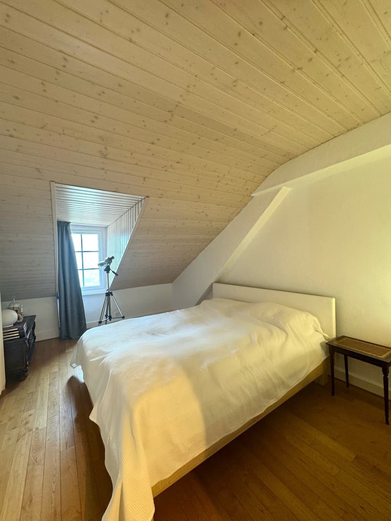 Sloped ceiling, double bed, white bedding, wooden floor, large window, tripod, telescope, nightstand, small table, chest of drawers, white wall, curtain